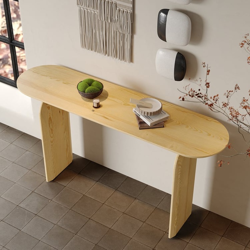 Tintica 59.1″ Rustic Solid Wood Long Console Table Natural Entryway Table Pedestal Base