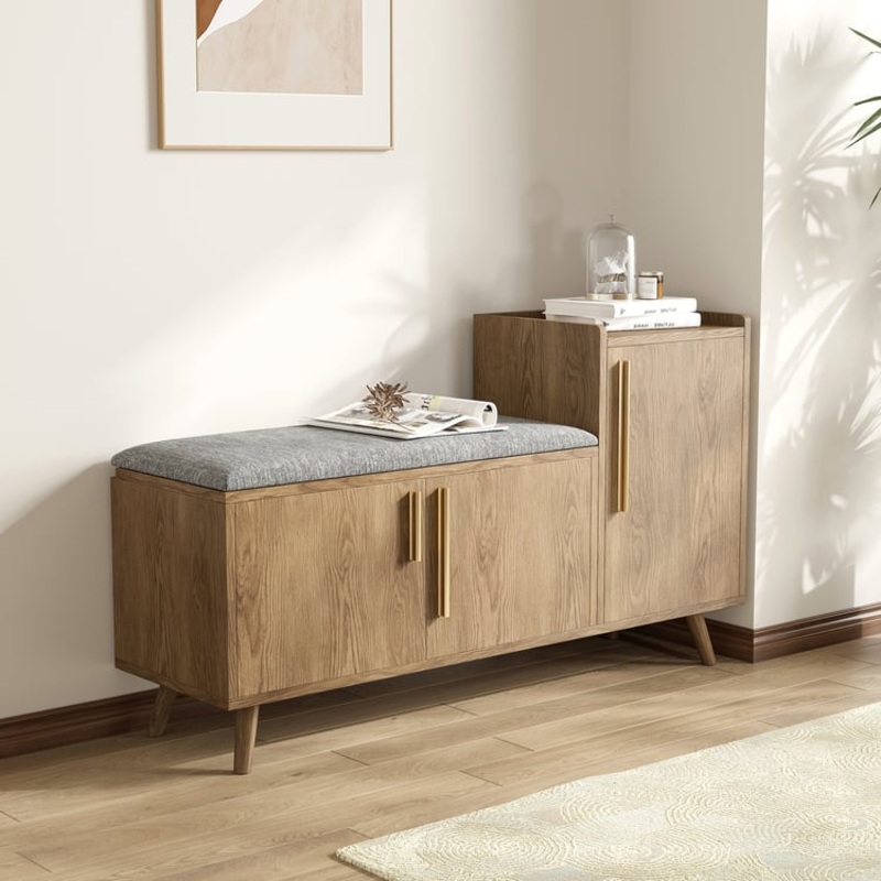Walnut Wooden Shoe Storage Bench with Right-Side Cabinet for Entryway (47″)