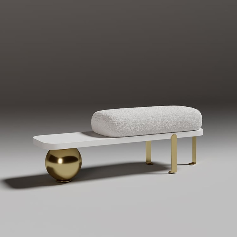 White & Gold Wooden Entryway Bench Fleece Upholstered with Abstract Metal Legs