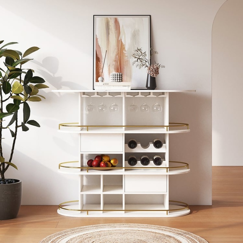 47″ White Oval Bar Table with Wine Rack Glass Holder Liquor Tier Storage 2-Drawer