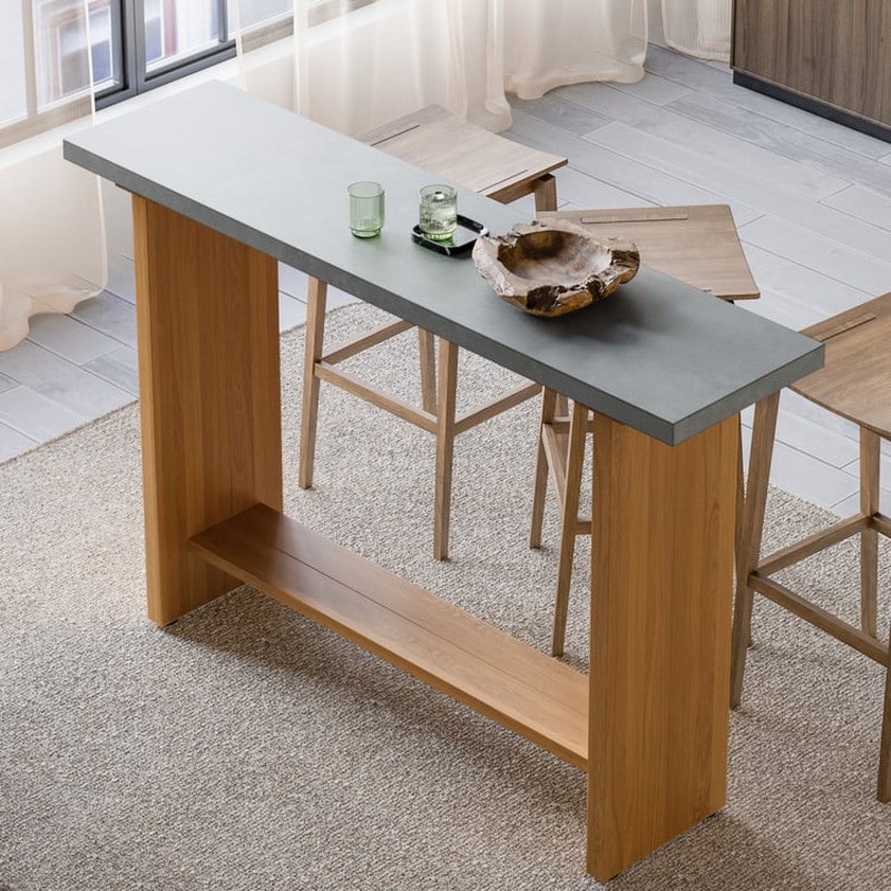 55″ Concrete Gray Bar Height Pub Table Kitchen Bar Table Solid Wood Natural Pedestal