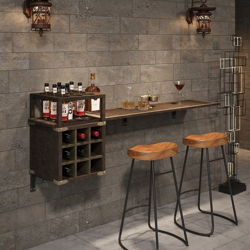 71″ Wall Mounted Bar Table with Wine Bottle Storage Brown Faux Leather Wood Pub Table