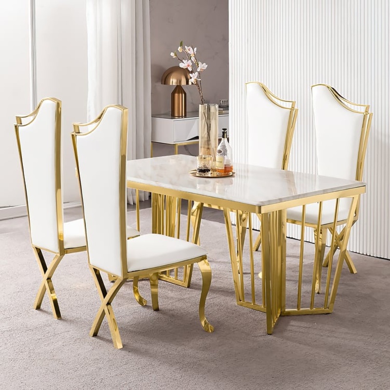 Set of 2 Affordable Luxury Modern Dining Chairs Gold with PU Leather Upholstery White