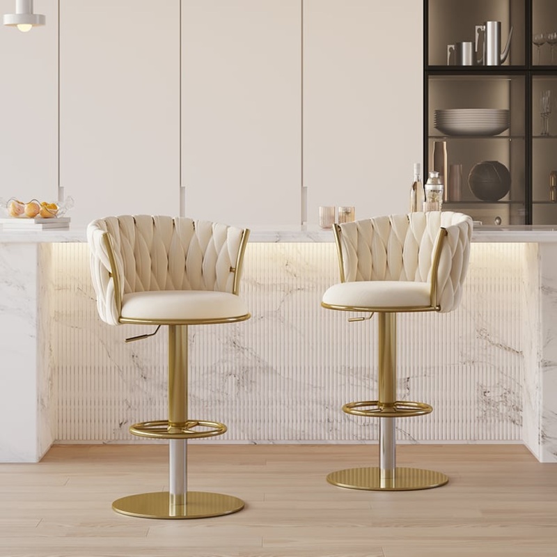 Set of 2 Modern Adjustable Swivel Bar Stools or Counter Stools with Upholstery White