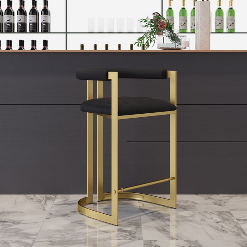 Set of 2 Modern Counter Stool with Back Black Upholstery in Gold