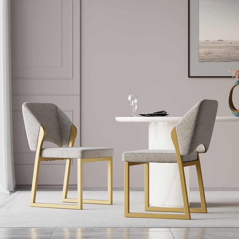 Set of 2 Modern Dining Chairs Gold with Linen Upholstery Light Gray