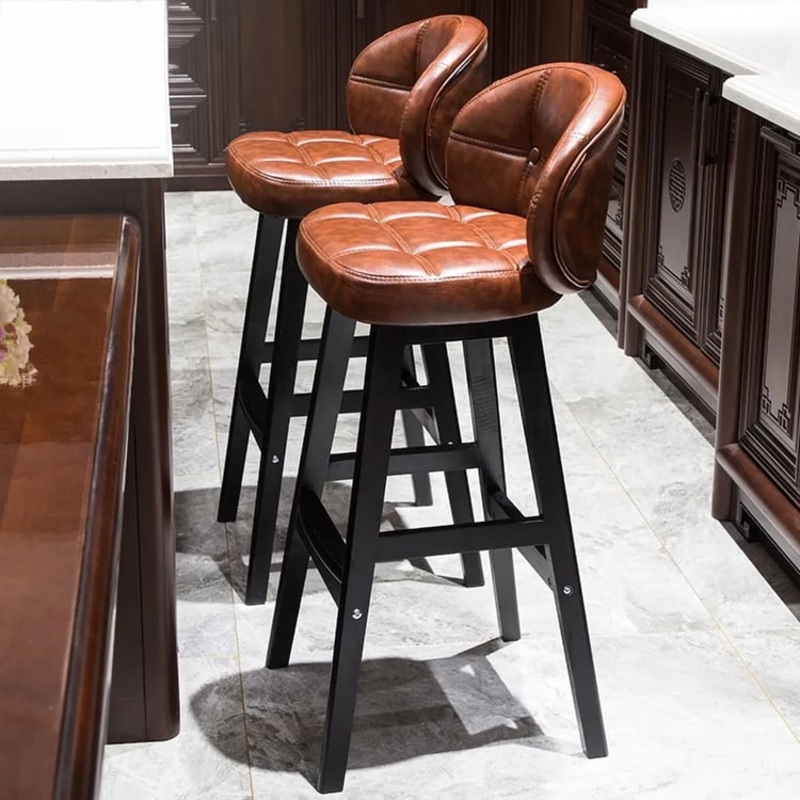 Set of 2 Rustic PU Leather Bar Stools with Upholstered Brown
