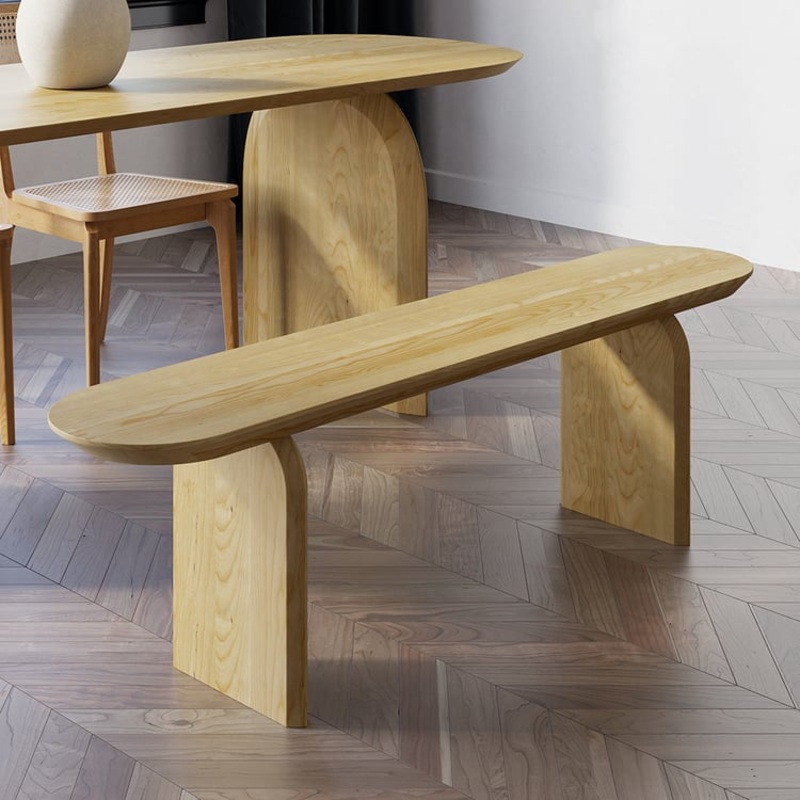 Tintica Japandi 51″ Dining Bench Oval Solid Wood in Natural Double Pedestals