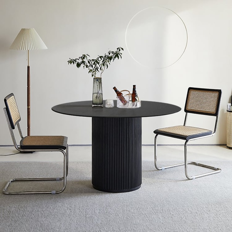 39.4″ Japandi Style Round Wood Dining Table Black Seats 2-4 People