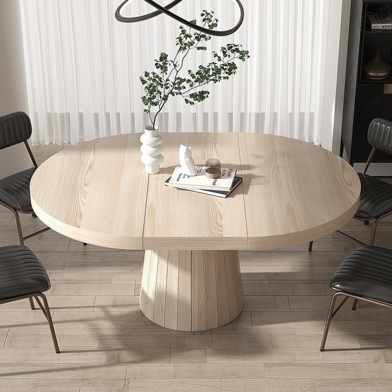 39″-55″ Japandi Extendable Wood Dining Table Oval & Round Whitewash Seats 4-6