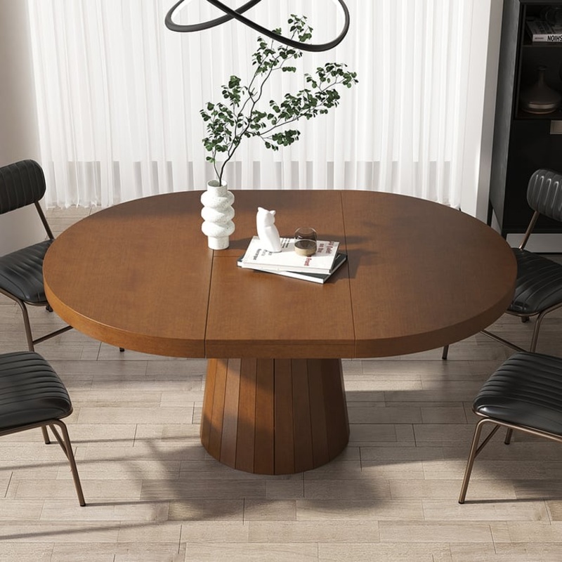 39″-55″ Japandi Oval & Round Extendable Wood Dining Table Walnut Seats 4-6 People