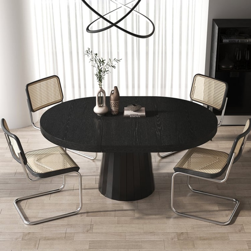 39”-55” Japandi Style Oval & Round Extendable Wood Dining Table Black Seats 4-6 People