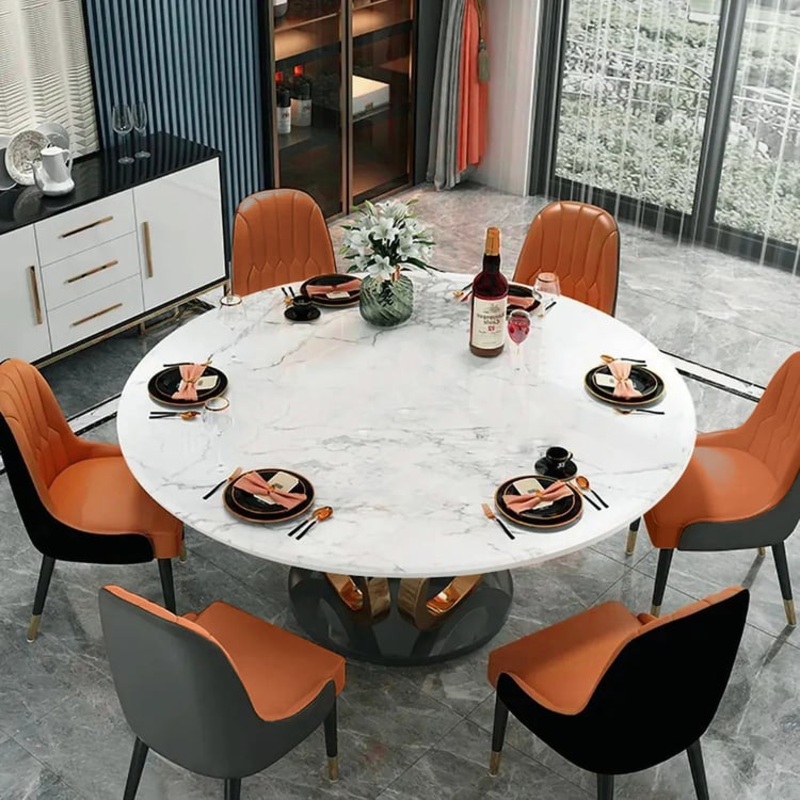59.1″ Modern Round Sintered Stone Dining Table White & Gold Seats 4-6 People