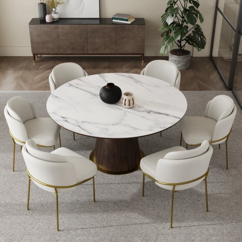 59″ Mid-Century Modern Round Dining Table Sintered Stone Top Seats 6