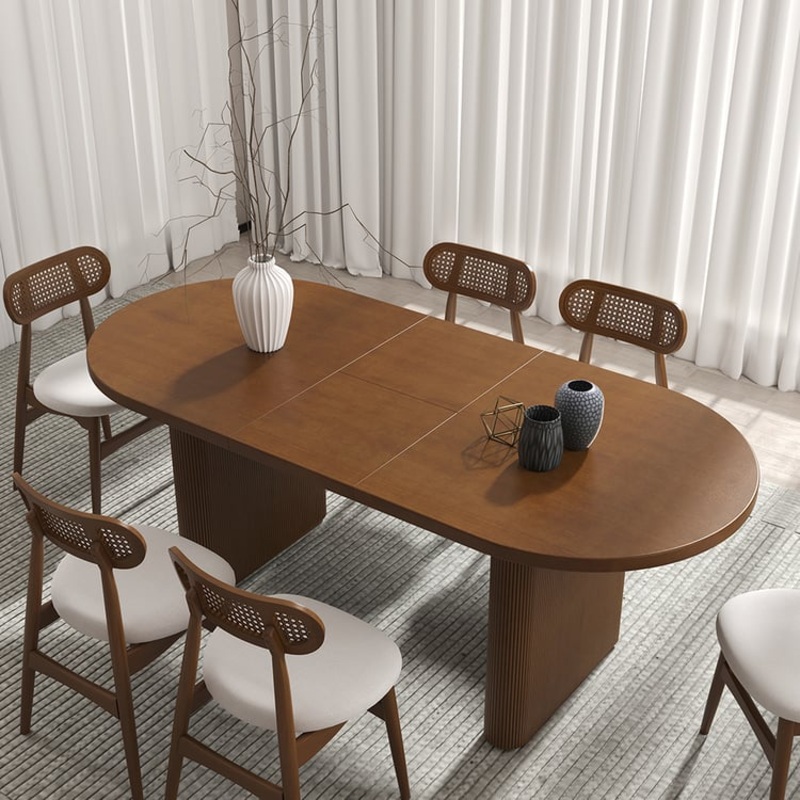 63″-79″ Japandi Style Oval Extendable Dining Table Walnut Seats 6-8 People