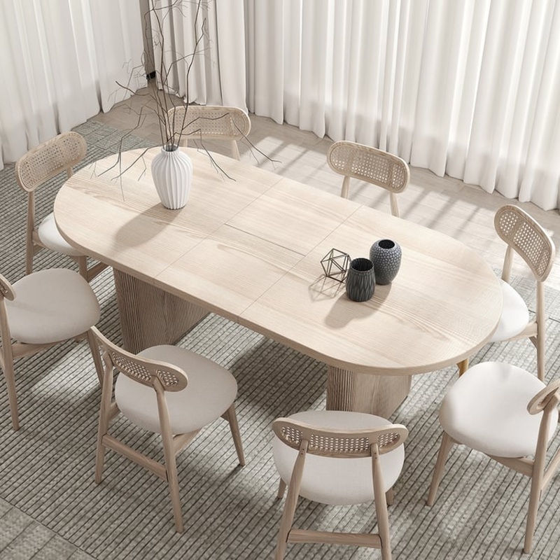 63″-79″ Japandi Style Oval Extendable Dining Table Whitewash Seats 6-8 People