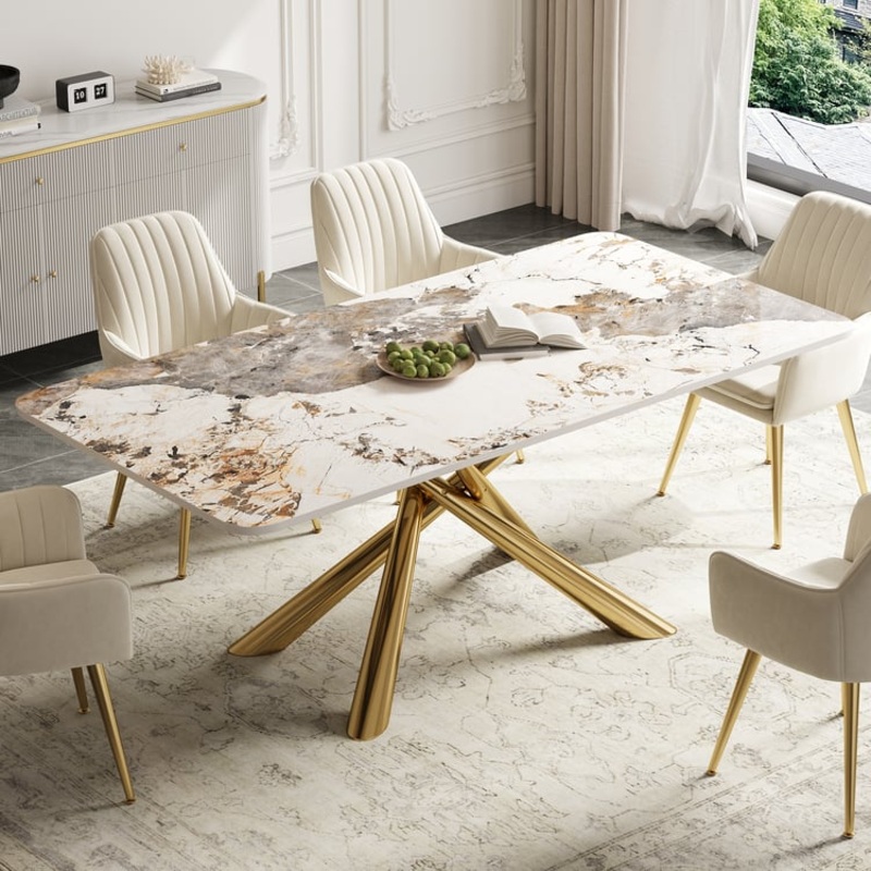 63″ Modern SinteredStone Top Rectangle Dining Table in Pandora & Gold with Trestle