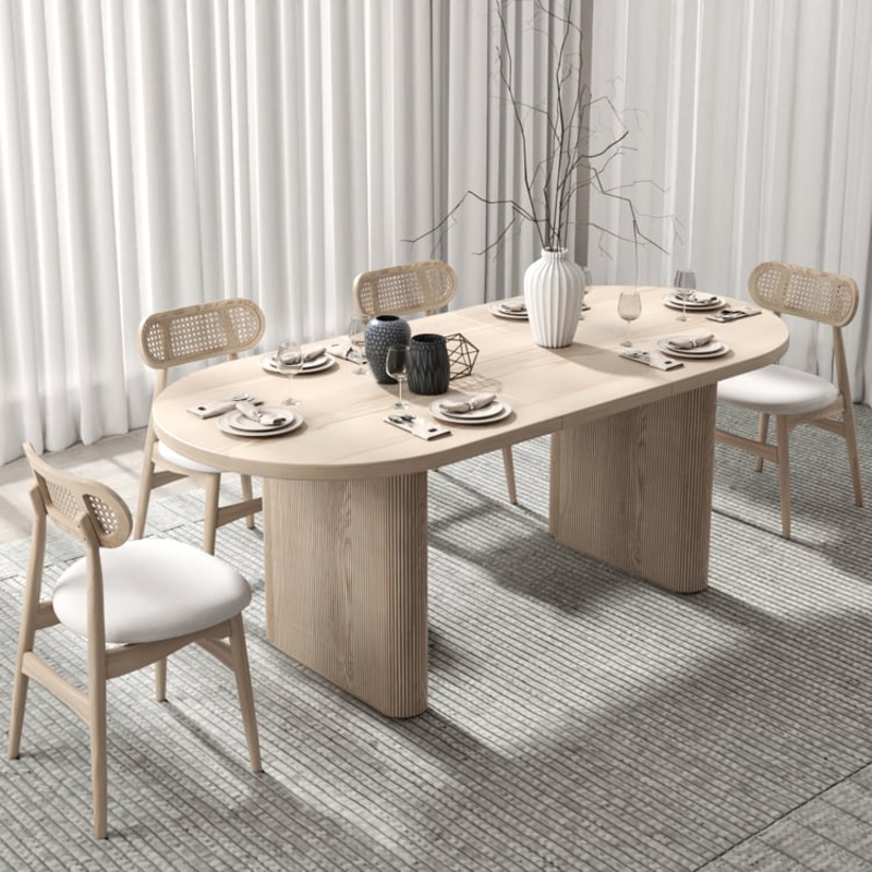 79″-94″ Japandi Oval Extendable Dining Table Whitewash Seats 8-10 People