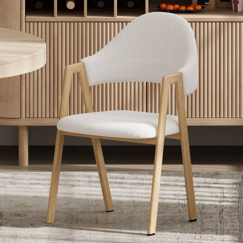 Set of 2 Modern White Dining Chairs with Boucle Upholstery Natural Color Legs