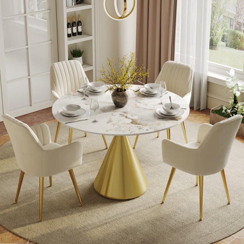 39″ Sintered Stone Round Dining Table with Brushed Gold Base Seats 2-4 People