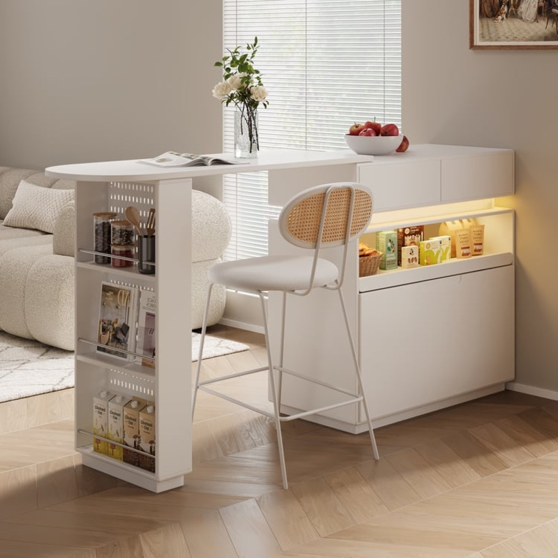 51″ Modern Matte White Kitchen Island with Extendable Table & LED Light