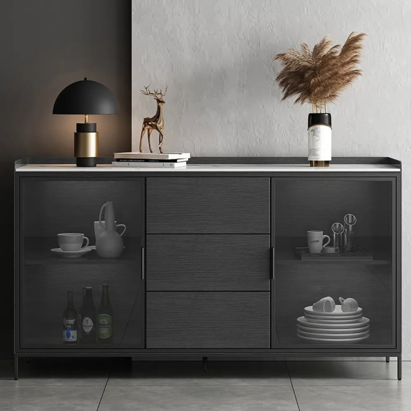 59″ Black Sideboard Buffet Doors&Drawers Stone Top Modern Sideboard Cabinet in Large