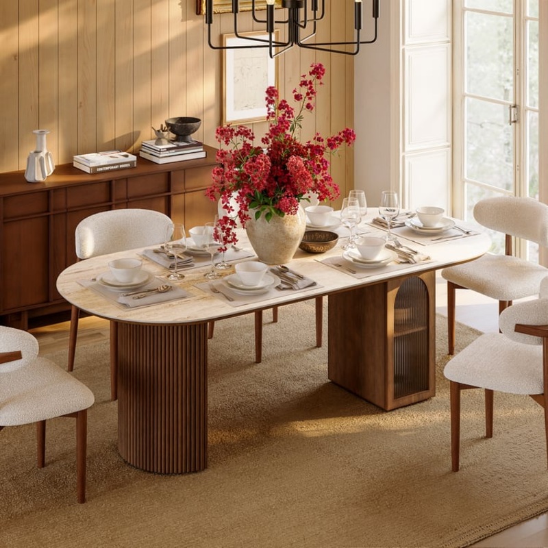 71″ Faux Travertine Oval Dining Table with Fluted Base & Storage