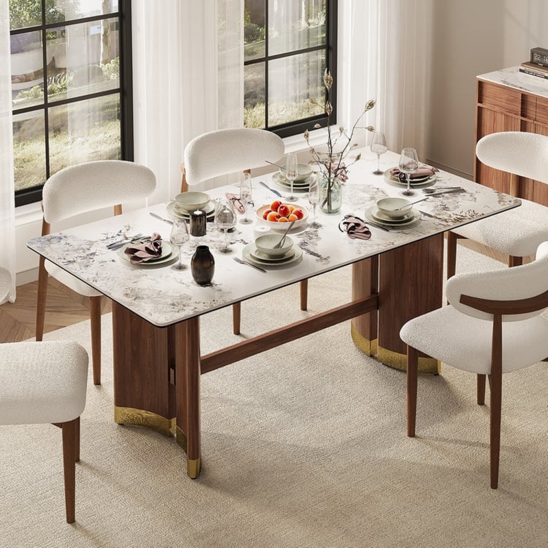 71″ Sintered Stone Rectangular Dining Table with Doubel Pedestal Seats 6-8 People