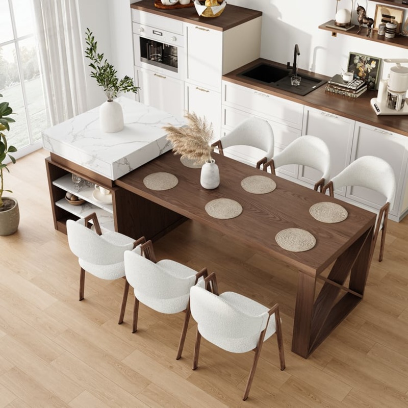 73″-93″ Extendable White&Walnut Kitchen Island with Storage Kitchen Cabinet