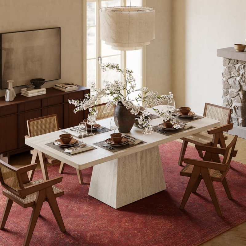 79″ Modern Rectangular Faux Travertine Dining Table, Indoor/Outdoor, Seats 6-8