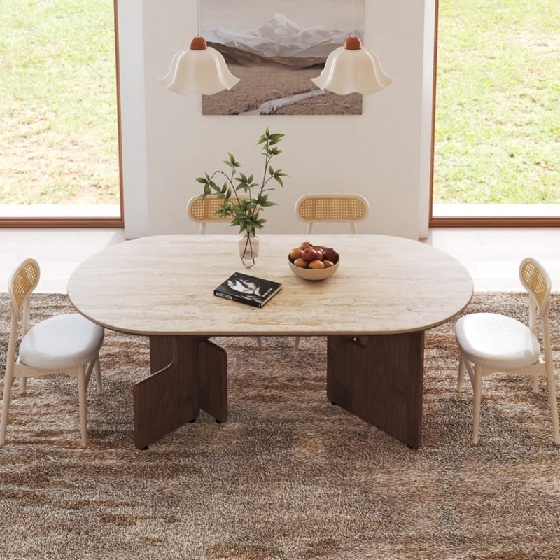 79″ Oval Dining Table with Faux Travertine Top & Walnut Double Pedestal