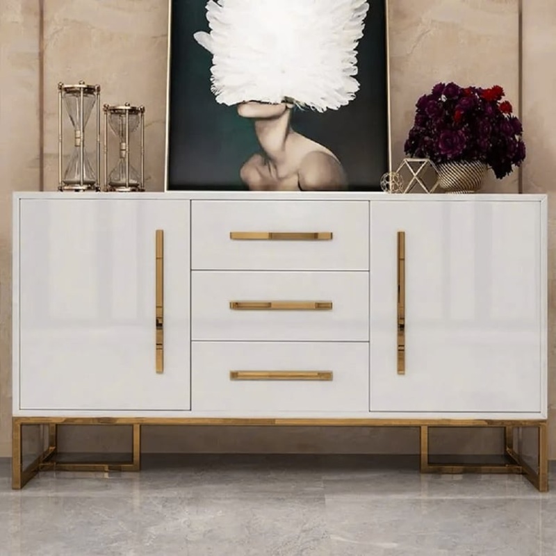 Stovf Modern 47″ White Buffet 2 Doors & 3 Drawers Kitchen Storage Sideboard Cabinet Gold