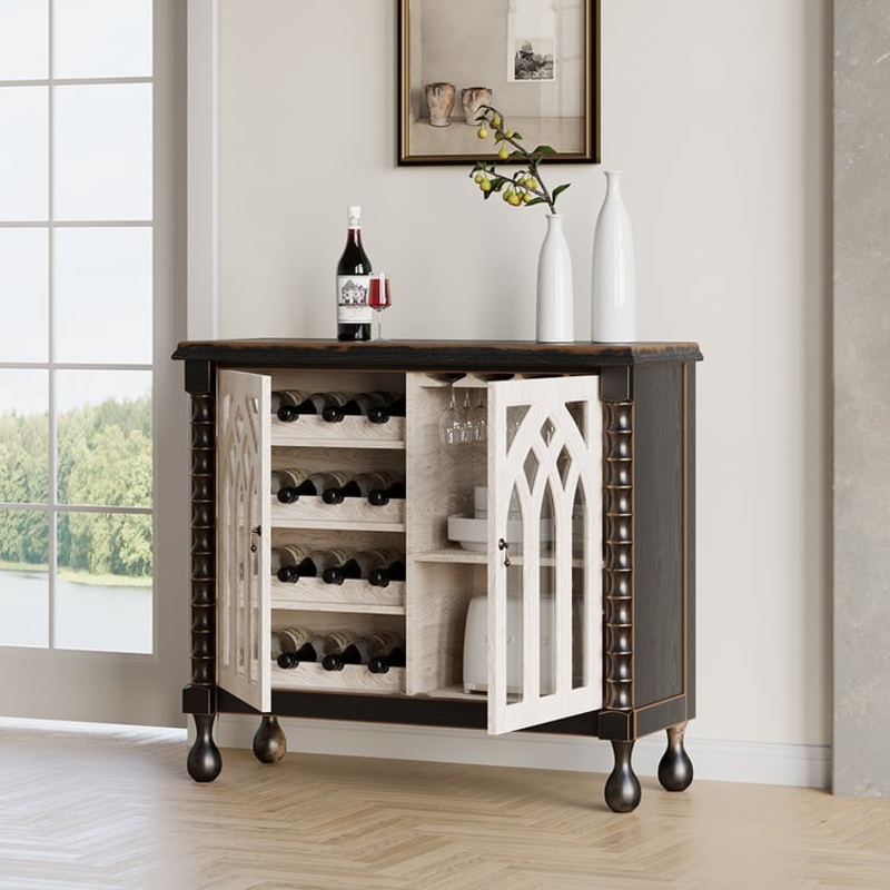 Traditional Black Bar Wine Rack Cabinet with Wine Holder Wood Home Bar Cabinet