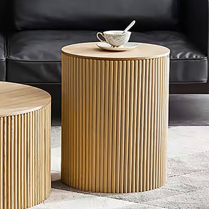 16″ Round Natural Wood Fluted Coffee Table with Storage