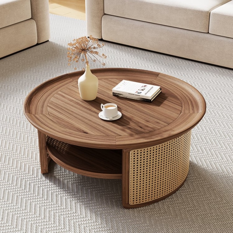 2-Tiered Japandi Round  Walnut Wood Coffee Table with Storage Rattan Base
