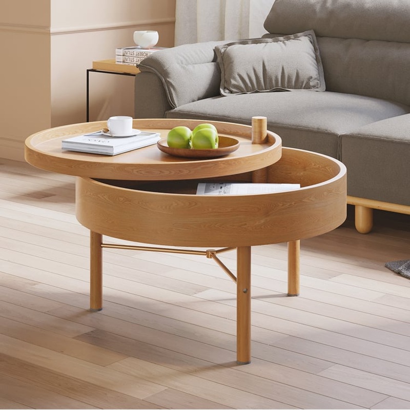 24″ Round Rotating Tray Coffee Table with Storage & Metal Legs