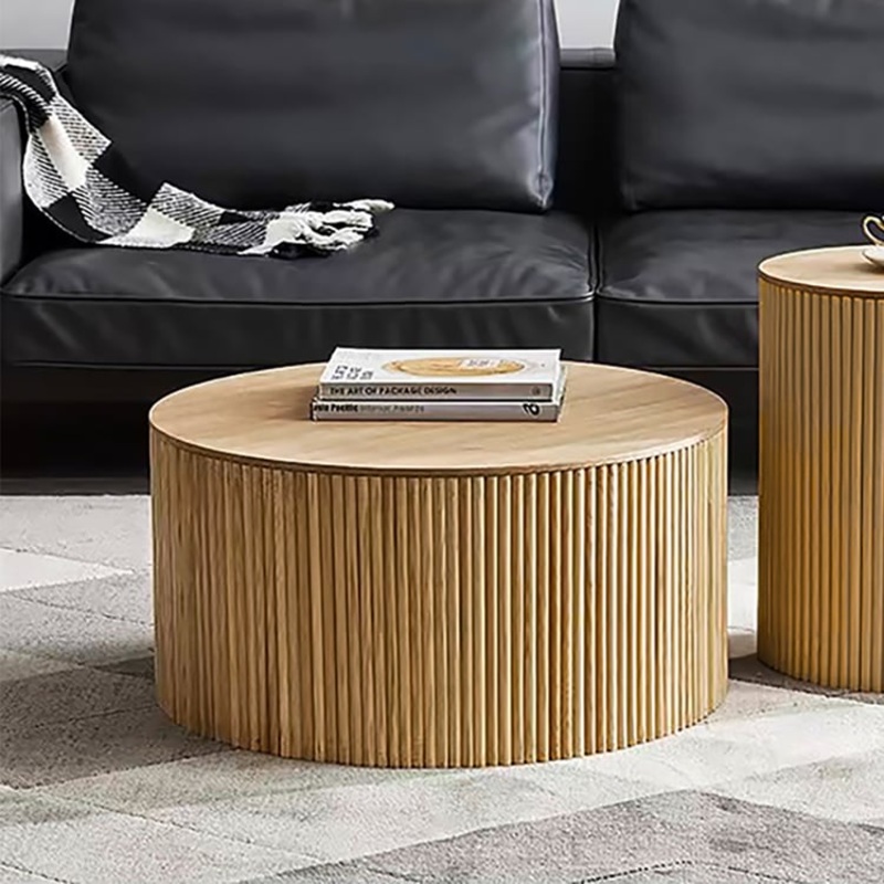 28″ Round Natural Wood Fluted Coffee Table with Storage