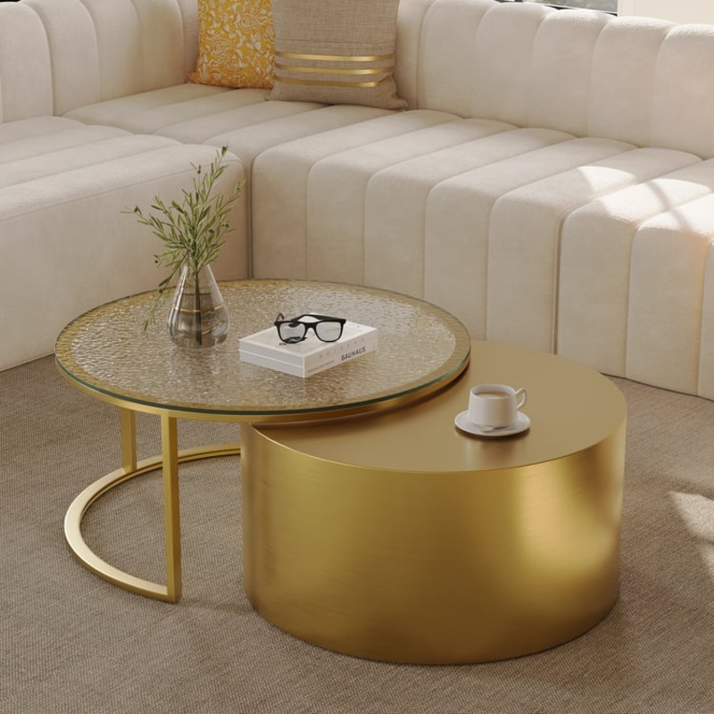 31.5″ Gold Round Glass Top Nesting Coffee Table Set