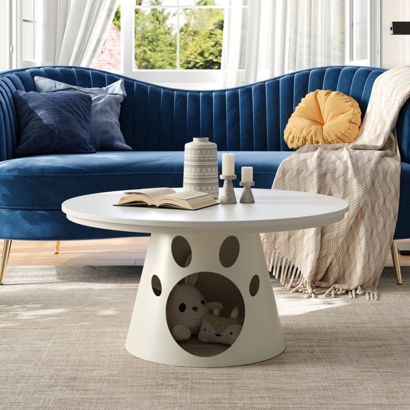 31.5″ Round Stone Top Coffee Table with Cat House