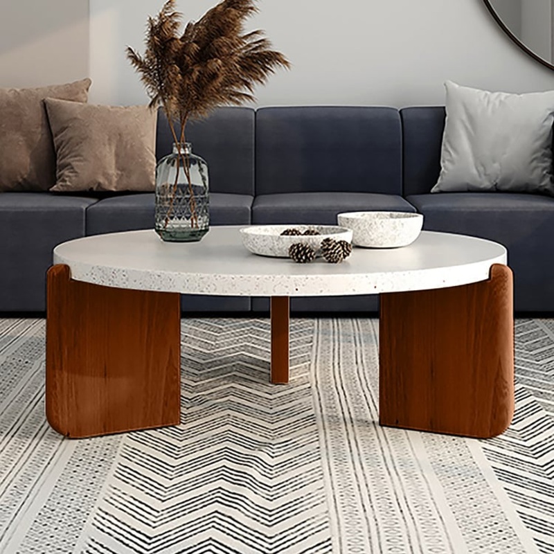 34″ White Round Terrazzo Coffee Table with Pine Wood Legs in Walnut