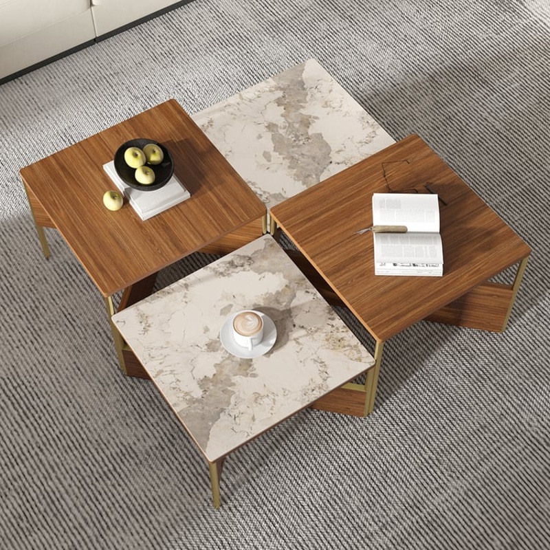 39.4″ Square Modern SinteredStone Coffee Table Walnut Veneer Coffee Table in Gold Frame