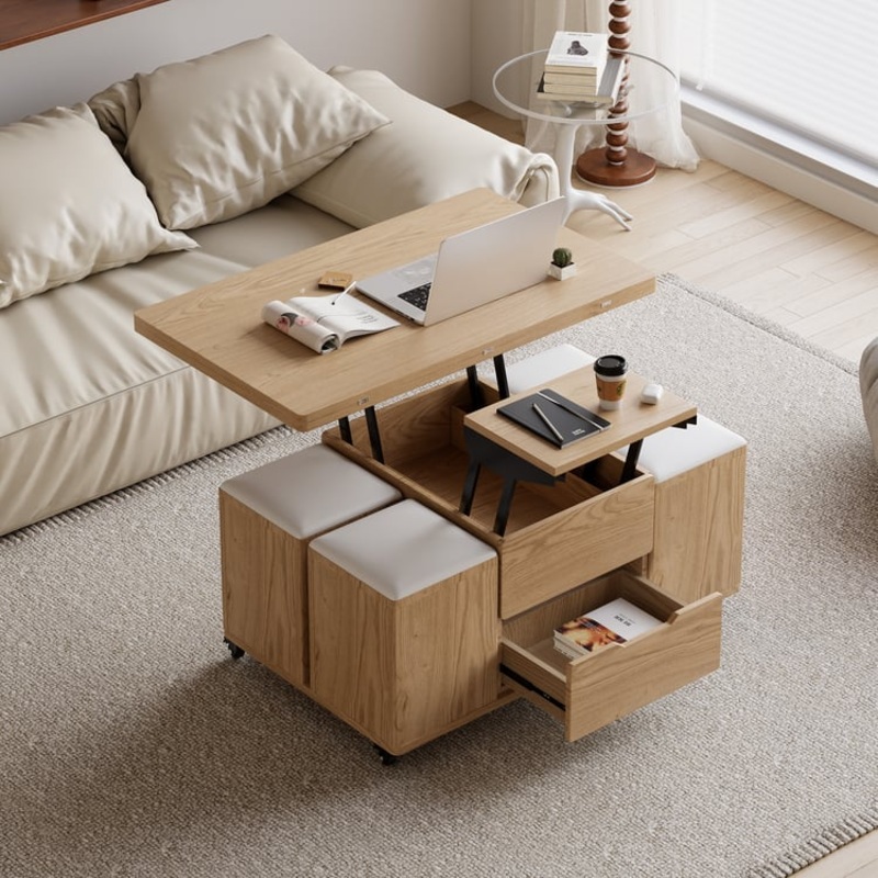 39″ Lift-Top Foldable Natural Coffee Table with 4 Stools & Storage
