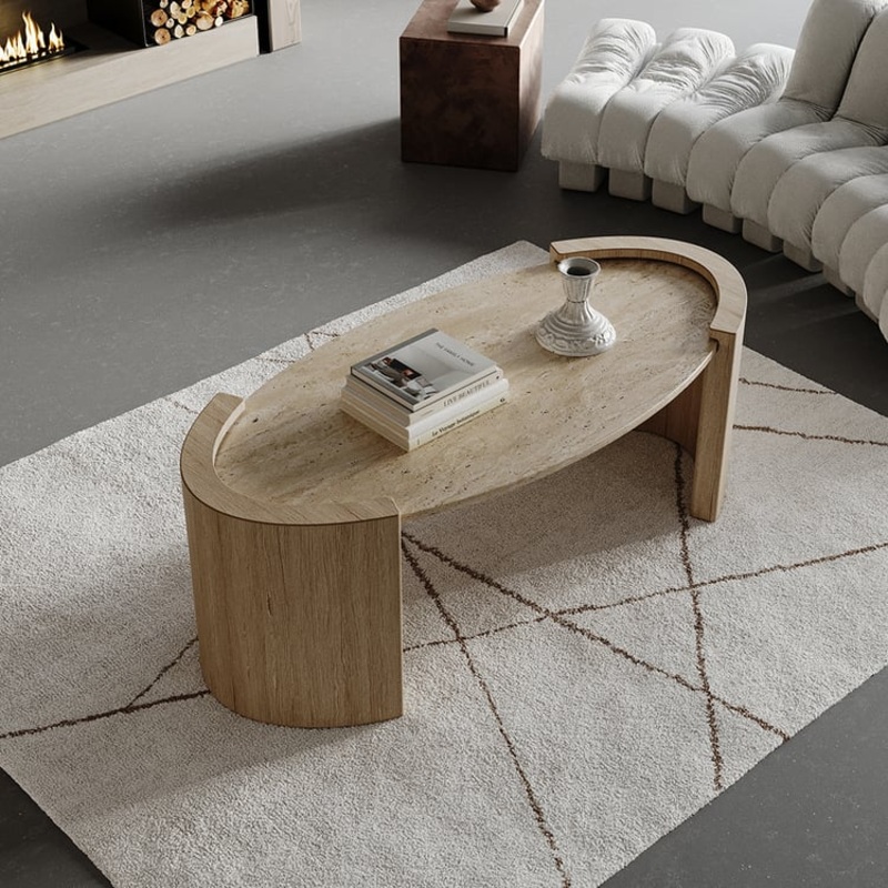 43″ Japandi Oval Travertine Stone Top Coffee Table