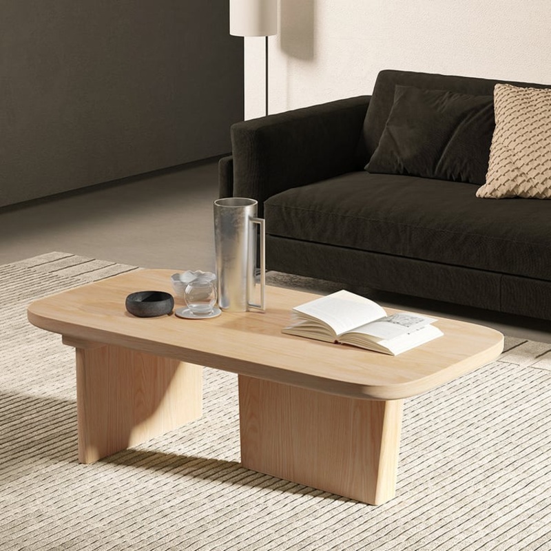 47.2″ Pine Wood Coffee Table Rectangle-shaped in Natural with Abstract Base