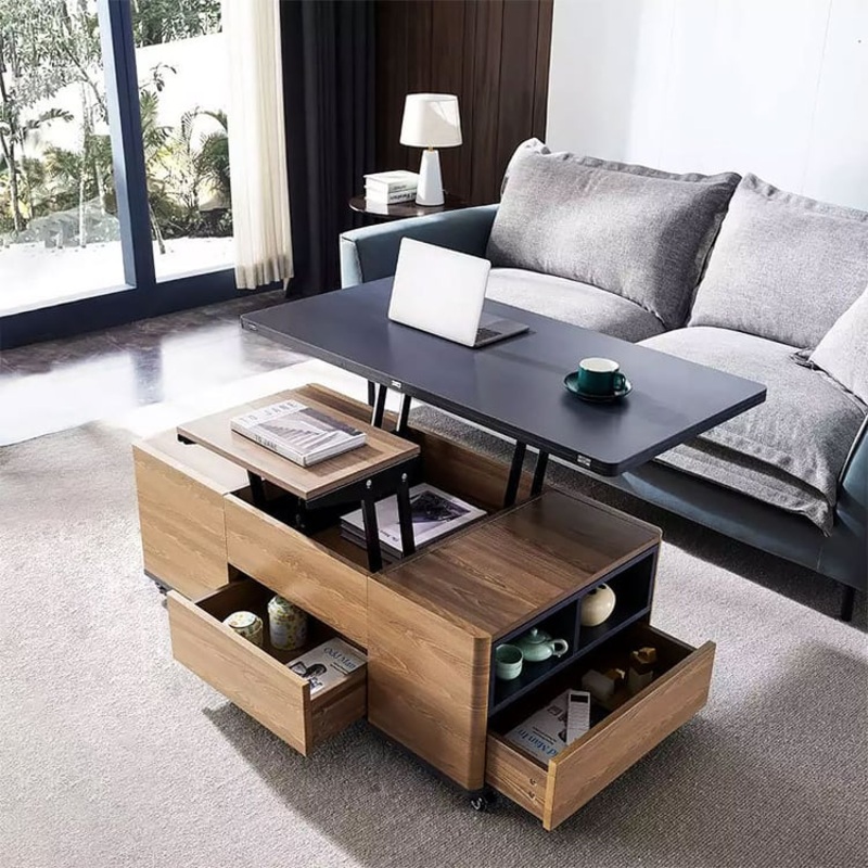47″ Lift-Top Foldable Walnut Coffee Table with Drawers & Cabinet