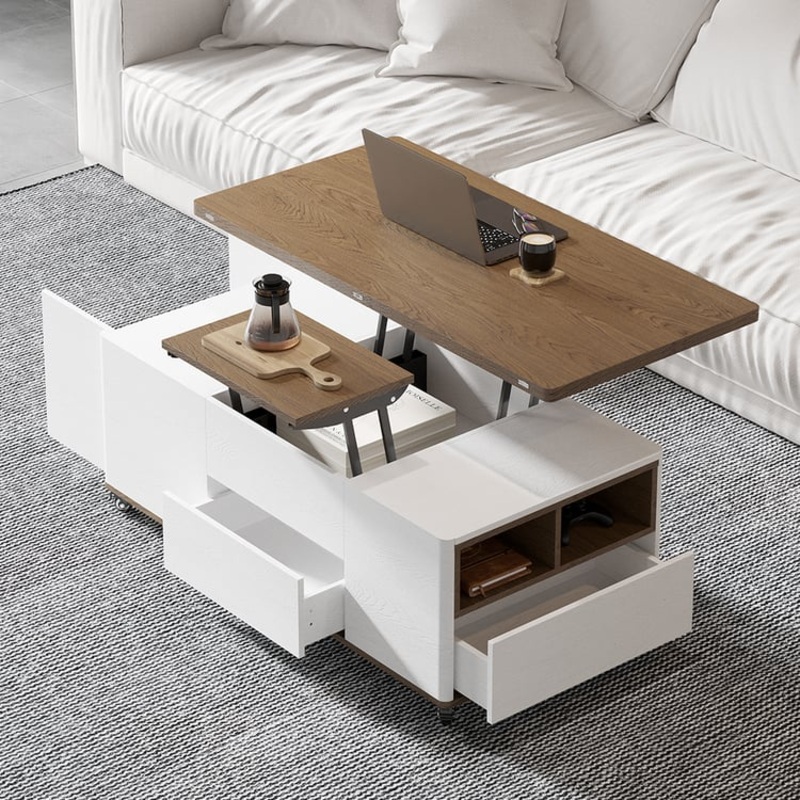 47″ Lift-Top Foldable White Coffee Table with Drawers & Cabinet