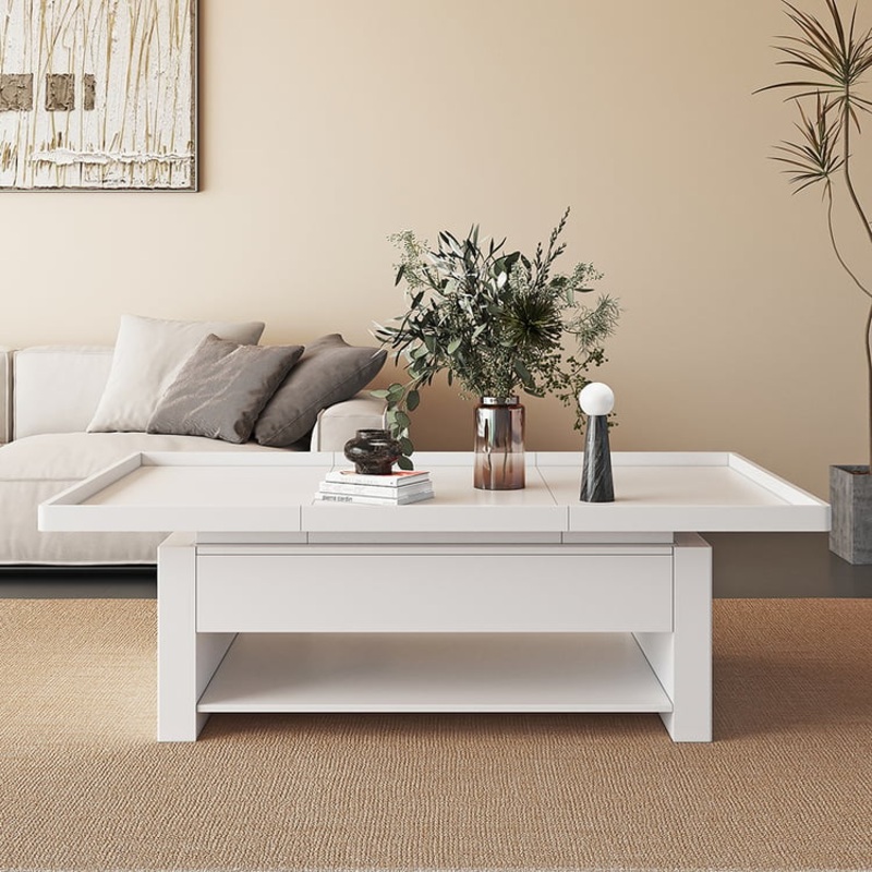 62.2″ Modern White Extendable Gaming Coffee Table Fluted with Open Storage