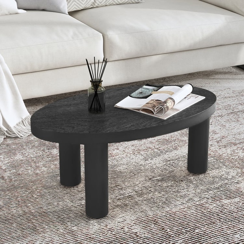 Threeens 35″ Japandi Oval Black Pine Wood Coffee Table 3-Legged Accent Table