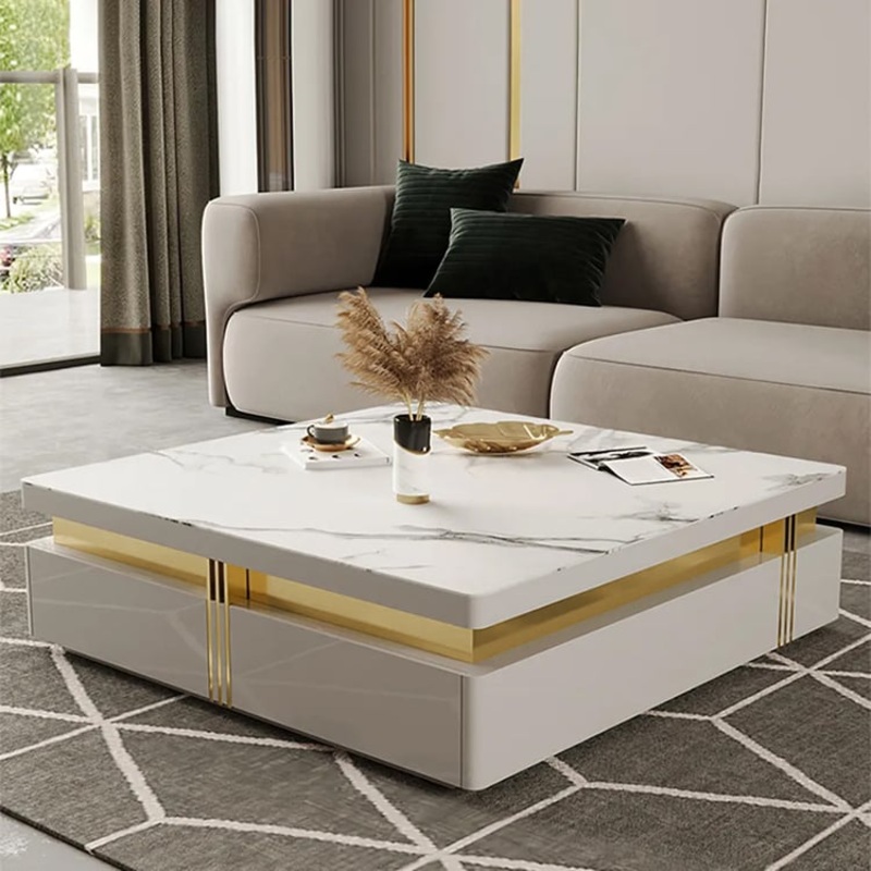Trimied 43″ Modern White Square Storage Coffee Table Stone Top with 4 Wood Drawers