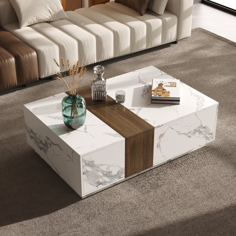 Vewal 47.2″ Marble & Walnut Veneer Block Coffee Table with 2 Drawers